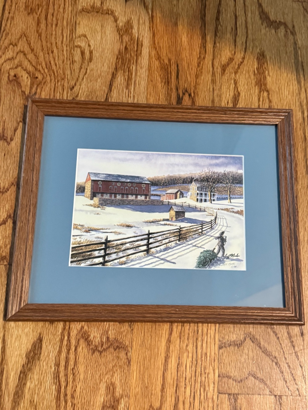 Vintage Wood Frame Winter Landscape Wall Art - Blue Mat by Jeff Marks